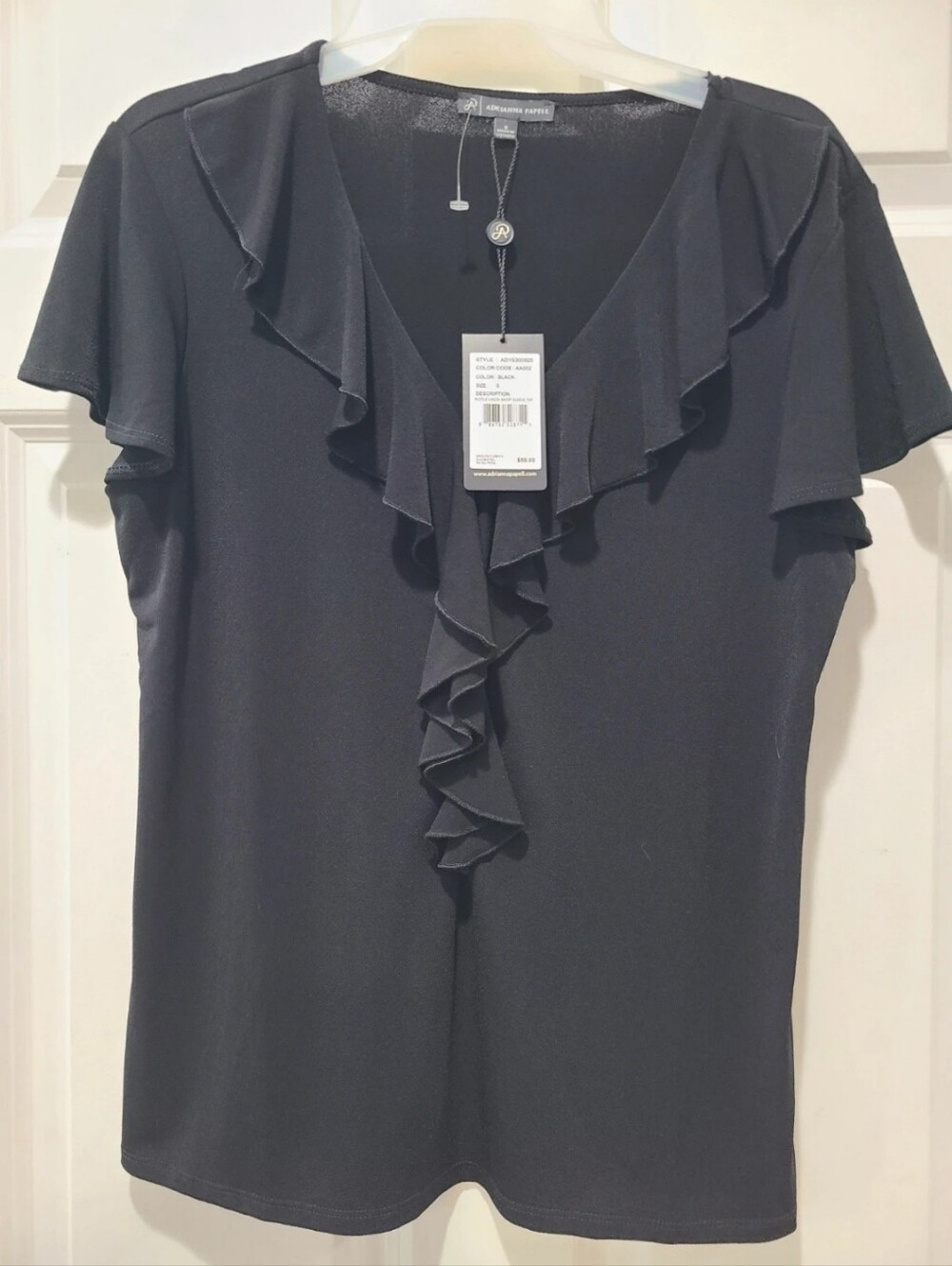 NWT Adrianna Papell Black Ruffled V-neck Short Flutter Sleeve top Sz Small